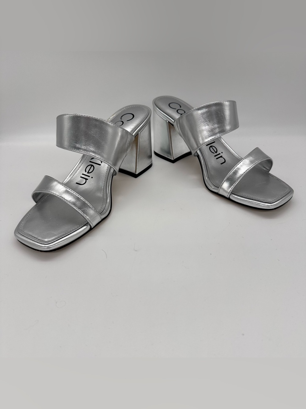 Calvin Klein Silver Two-Strap Block Heel Mules